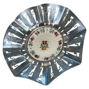 Farber Shlevin Bowl ceramic Floral Center Aluminum cut out wavy serving dish